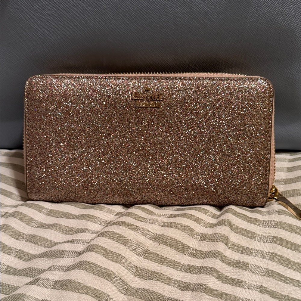 kate spade Rose Gold Glitter Zip-Around Wallet